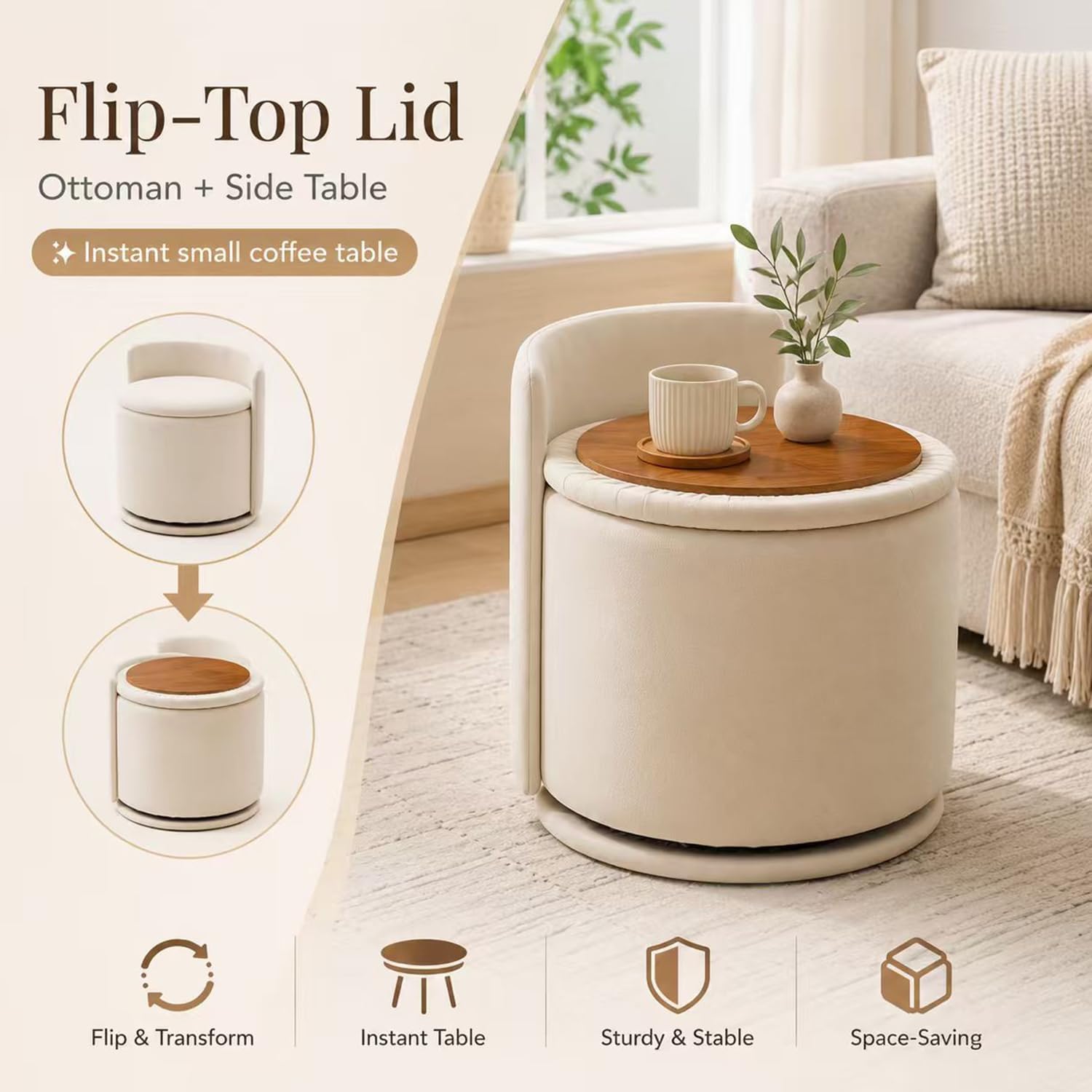 Velvet Ottoman with Storage and Back 360°Swivel Makeup Chair 17" D x 17" W x 20" H Multipurpose Soft Seat Ottoman Small Side Table Hallway Footstools for Living Room Dorm (Cream)