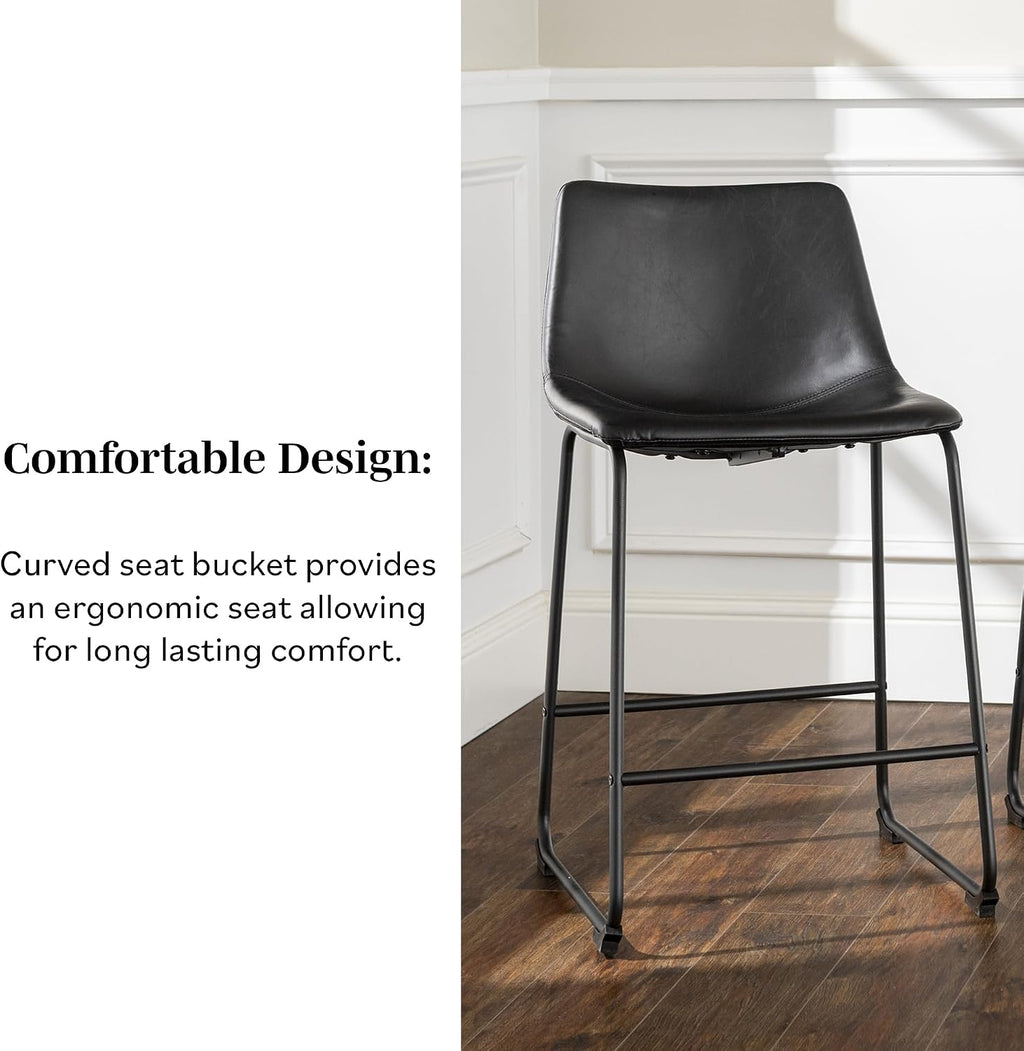 Walker Edison Douglas Urban Industrial Faux Leather Armless Counter Chairs, Set of 2, Black, 20"D x 18.5"W x 34.5"H