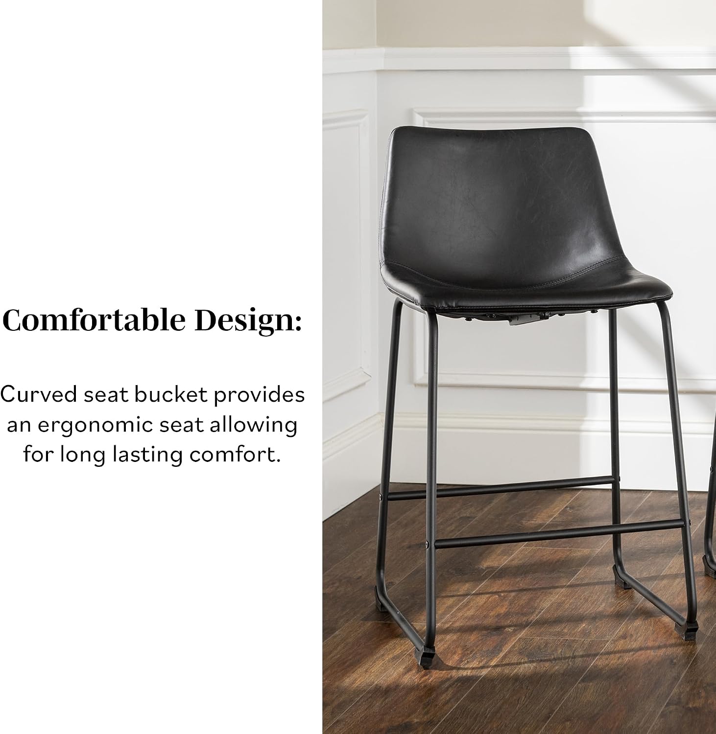 Walker Edison Douglas Urban Industrial Faux Leather Armless Counter Chairs, Set of 2, Black, 20"D x 18.5"W x 34.5"H