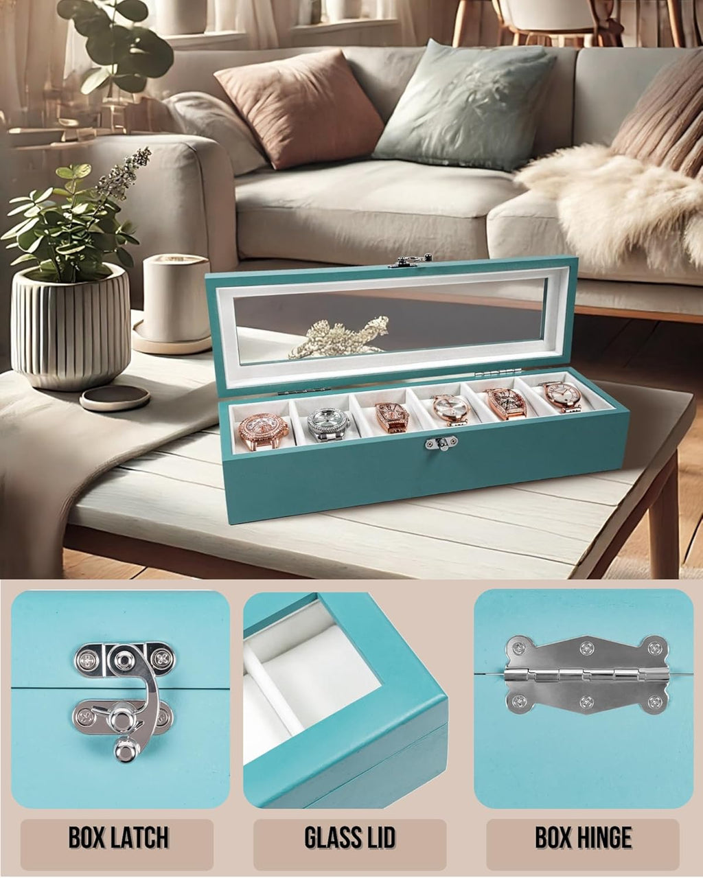 Watch Box, Watch Case for Men Women with Large Glass Lid, Wooden Watch Display Storage Box with 6 - Slots, Ocean Blue Mens Watch Box Organizer
