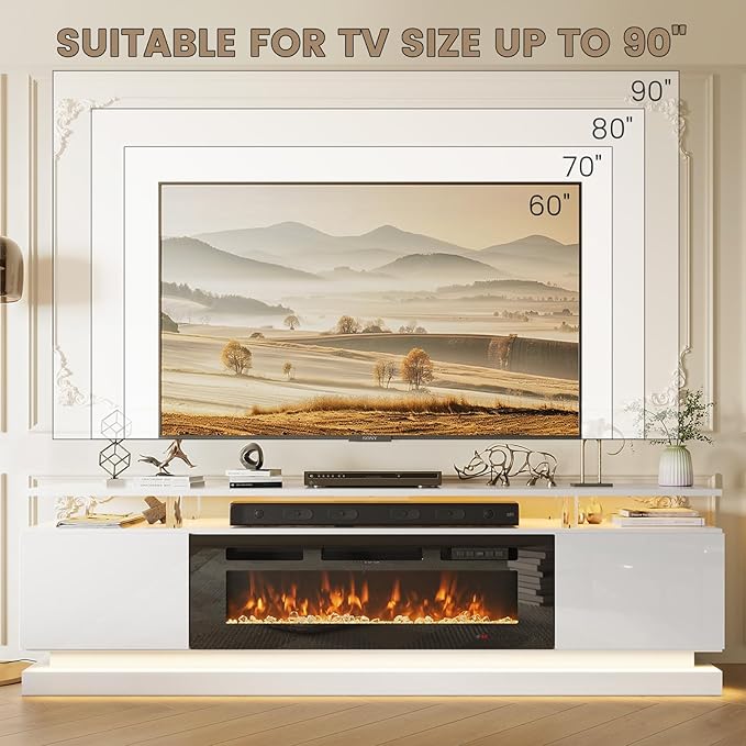 80" Fireplace TV Stand, Modern Entertainment Center for TVs Up to 90", TV Console with Storage Cabinets, Media Console for Living Room, White TV Stand and Black Fireplace