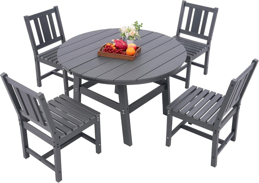 AMERLIFE Outdoor Dining Set for 4, HDPE Round Table and Chairs, Gray