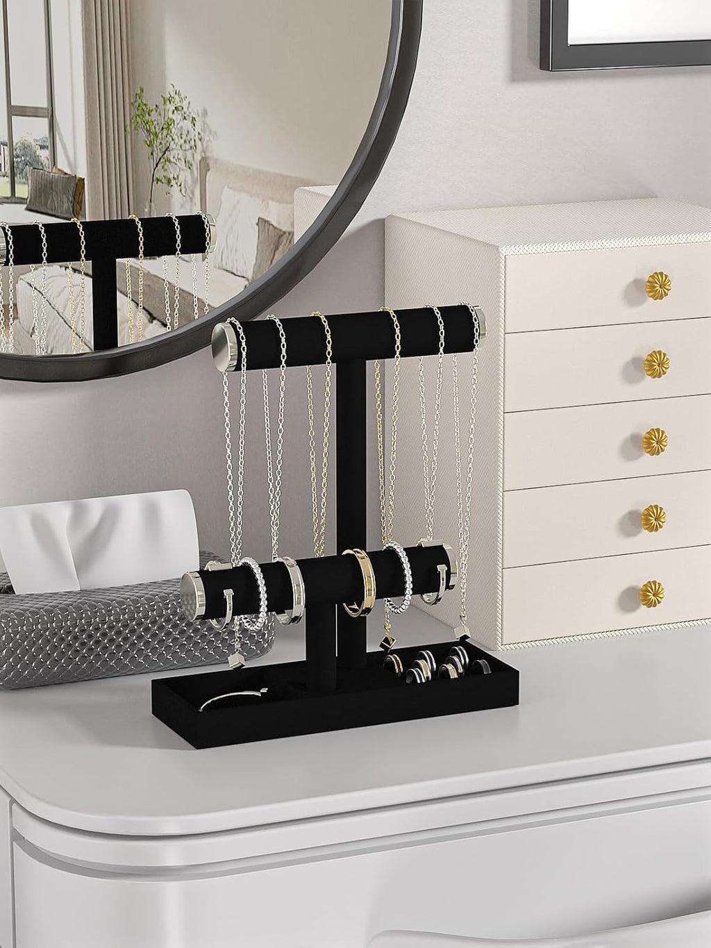 Bracelet and Necklace Holder,Velvet Jewelry Necklace Display Organizer Stand,bracelet Holder for Selling,Bracelet and Necklace Storage Tree (Style 2（Black+ Metal lid）)