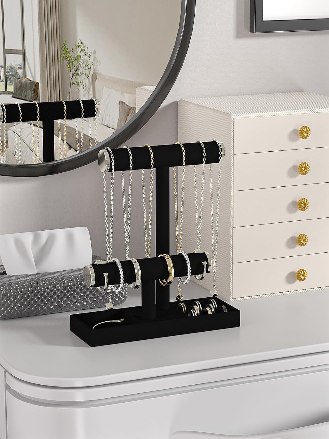 Bracelet and Necklace Holder,Velvet Jewelry Necklace Display Organizer Stand,bracelet Holder for Selling,Bracelet and Necklace Storage Tree (Style 2（Black+ Metal lid）)