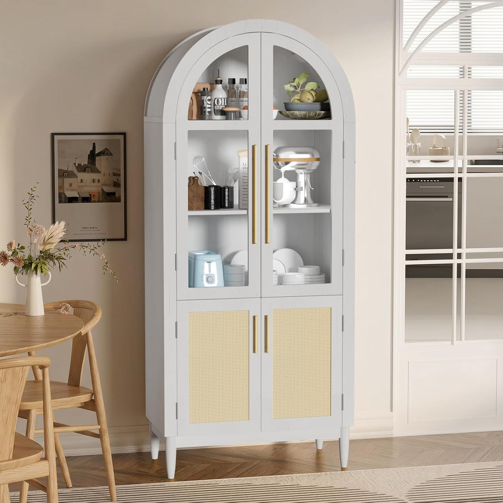 71" Tall Arched Cabinet with Glass Doors, Kitchen Pantry Storage Cabinet...