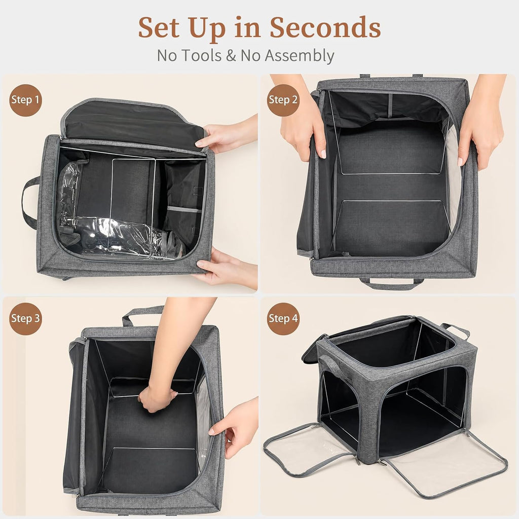 GoMaihe 3 Opening Clothes Storage Bins with Metal Frame 3 Pack 40L Grey | Sweaters Hoodies Towel T-Shirt, Closet Top Shelf Linen Closet Organizer, Stackable Collapse-Proof, Clear Window, Dual Access
