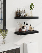 Marsmiles 16" Floating Shelves for Wall, Wooden Shelves with Invisible Brackets Set of 2, Rustic Farmhouse Wall Mounted Shelf for Kitchen Bathroom Living Room Study, Black