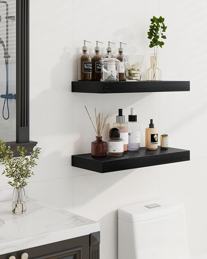 Marsmiles 6.7" Floating Shelves for Wall, Wooden Shelves with Invisible Brackets Set of 2, Rustic Farmhouse Wall Mounted Shelf for Kitchen Bathroom Living Room Study, Black