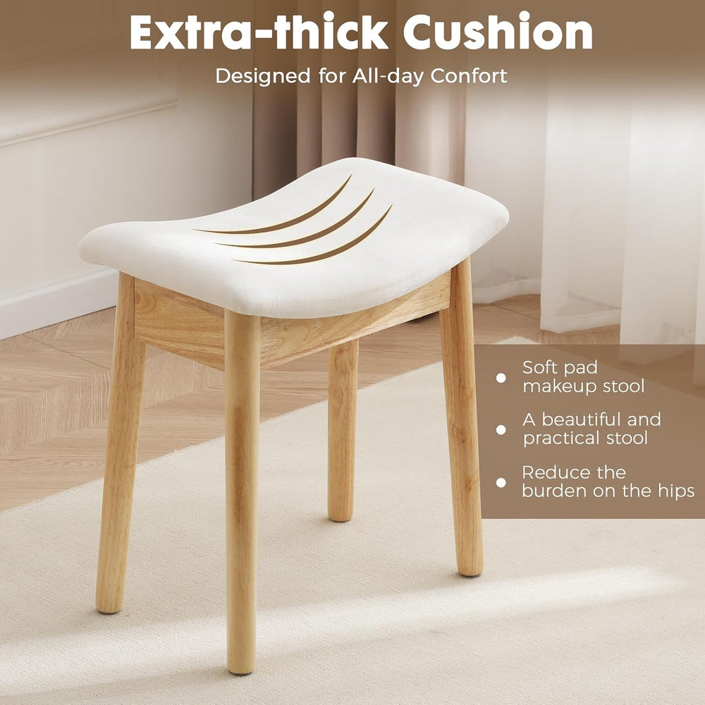 18" Small Vanity Chair Ottoman Bench Saddle Cushion Linen Beige | Soft S...