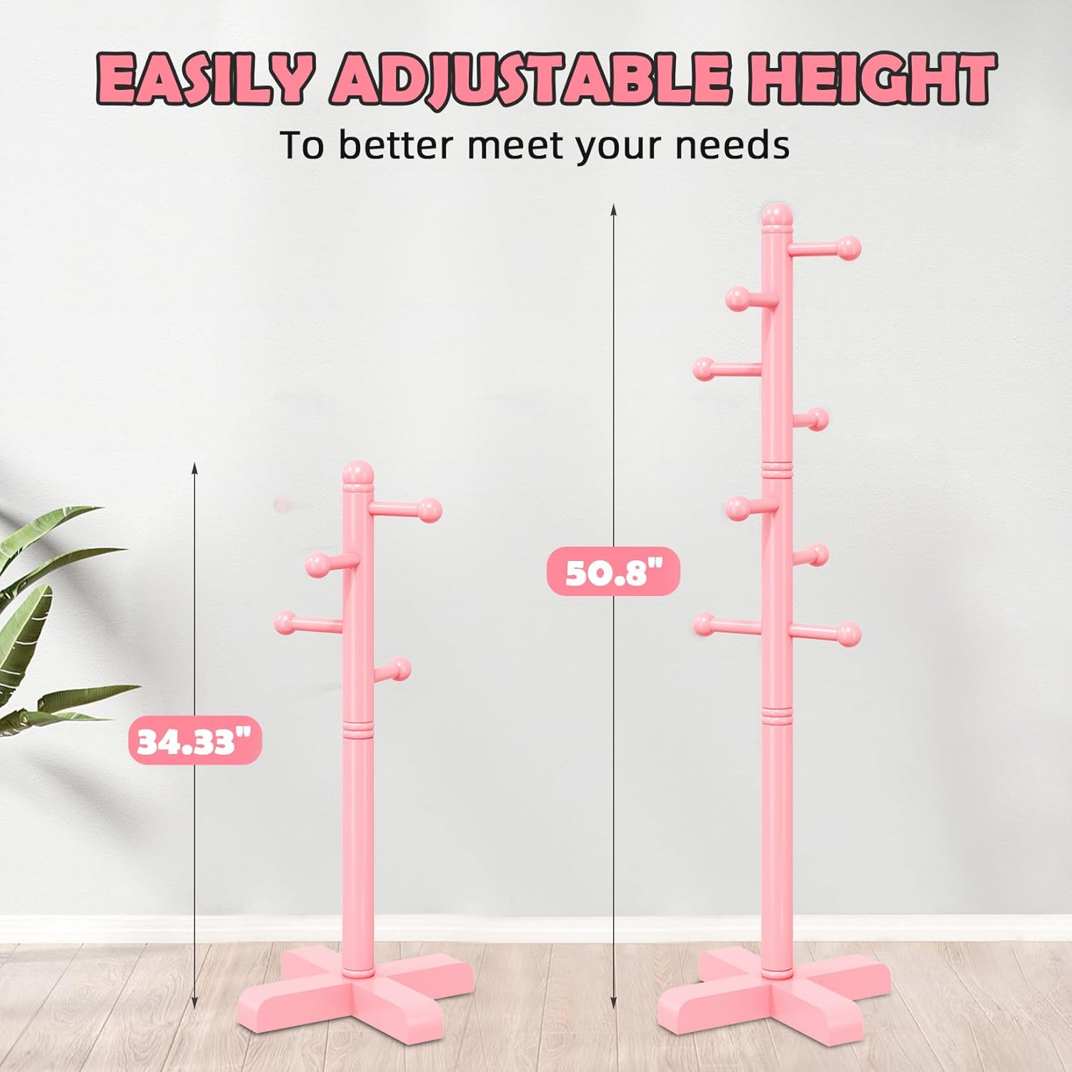 Coat Rack, Freestanding Coat Racks with 8 Hooks 2 Adjustable Height, Tree Coat Rack for Bedroom, Hallway, Entrance, Office, Hats, Handbags,Purse (Pink)