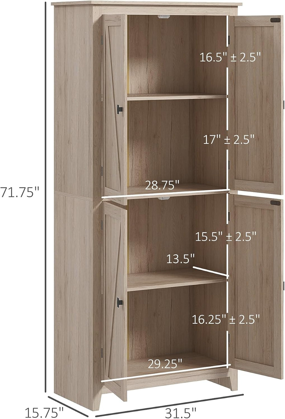 31.5" D*15.75" W*71.75" H Natural Wood Kitchen Pantry with 2 S...