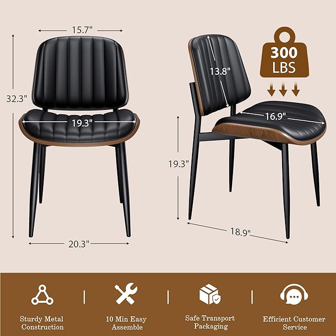 Dining Chairs Set of 2, Mid-Century Modern Upholstered PU Leather Chairs with Walnut Bentwood Back and Metal Legs Adjustable Feet for Kitchen Dining Living Room, Dark Black Vertical Stripes