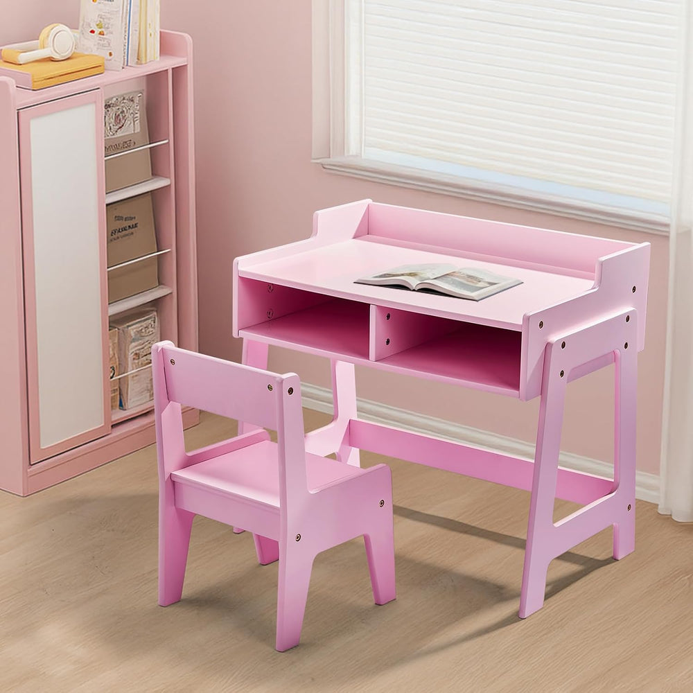 Desk and Chair Set with Storage Bins, Wooden Study Table, Writing Desk for Be...