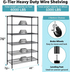 6 Tier Metal Shelving 6000Lbs Capacity Storage Shelves Heavy Duty Shelving Unit NSF Certified with Wheels and Adjustable Feets Commercial Grade Utility Shelf, 48"x 18"x 76" Wire Rack, Black