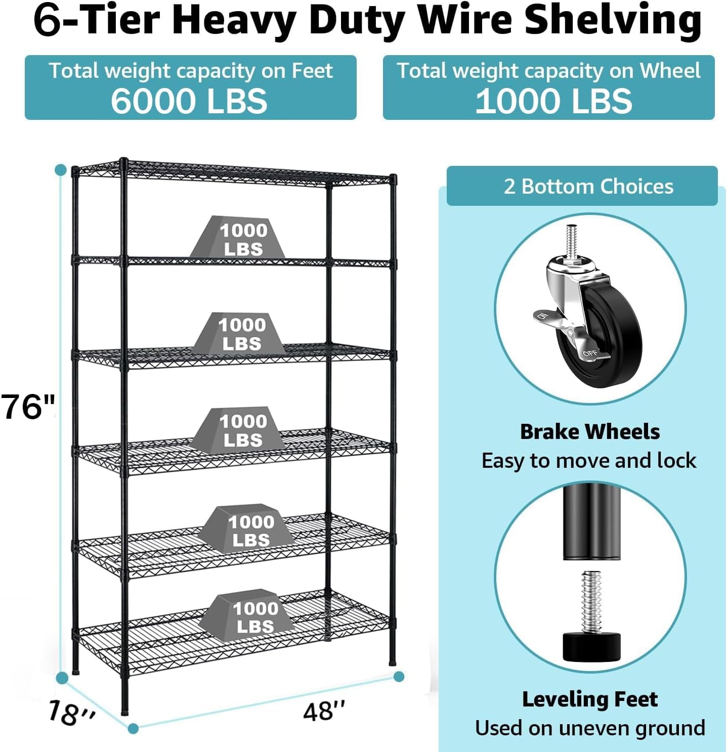 6 Tier Metal Shelving 6000Lbs Capacity Storage Shelves Heavy Duty Shelving Unit NSF Certified with Wheels and Adjustable Feets Commercial Grade Utility Shelf, 48"x 18"x 76" Wire Rack, Black