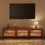 POVISON Mid Century Modern Wood Slatted TV Stand with LED Lights, Media Console for 70+ Inch TV, Entertainment Center with Storage Cabinet for Living Room, Fully-Assembled (Dark Wood, 70.87")