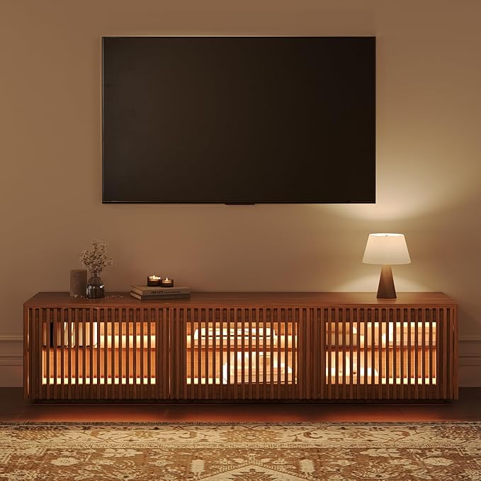 POVISON Mid Century Modern Wood Slatted TV Stand with LED Lights, Media Console for 70+ Inch TV, Entertainment Center with Storage Cabinet for Living Room, Fully-Assembled (Dark Wood, 70.87")