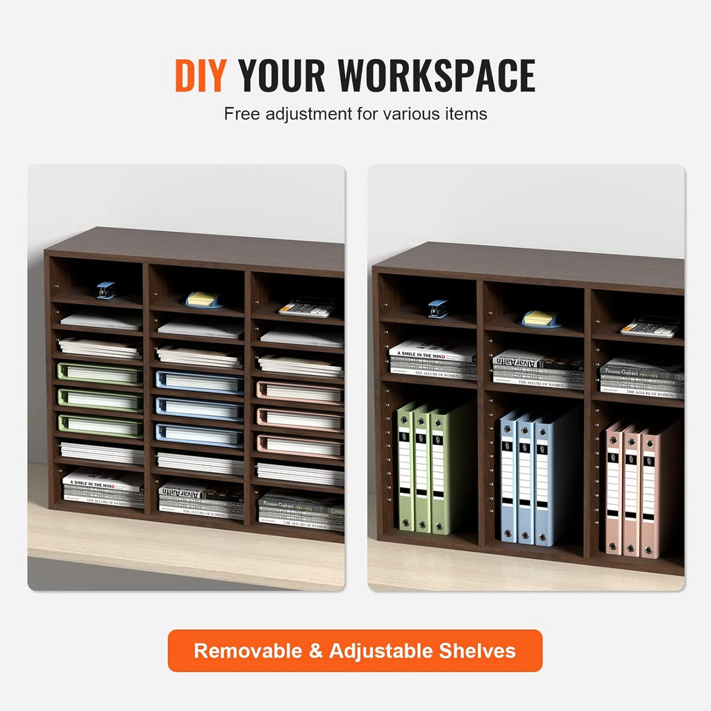 VEVOR 24-Compartment Office Mailbox, Adjustable Shelves, Wood Literature Sorter 29x12x24.4 inches – Ideal for Office, Home, Classroom, Mailrooms Organization – EPA Certified (Brown)
