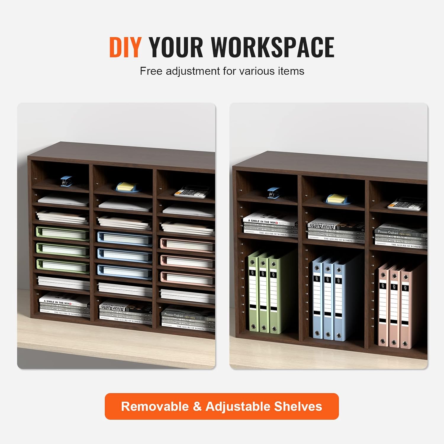 VEVOR 24-Compartment Office Mailbox, Adjustable Shelves, Wood Literature Sorter 29x12x24.4 inches – Ideal for Office, Home, Classroom, Mailrooms Organization – EPA Certified (Brown)
