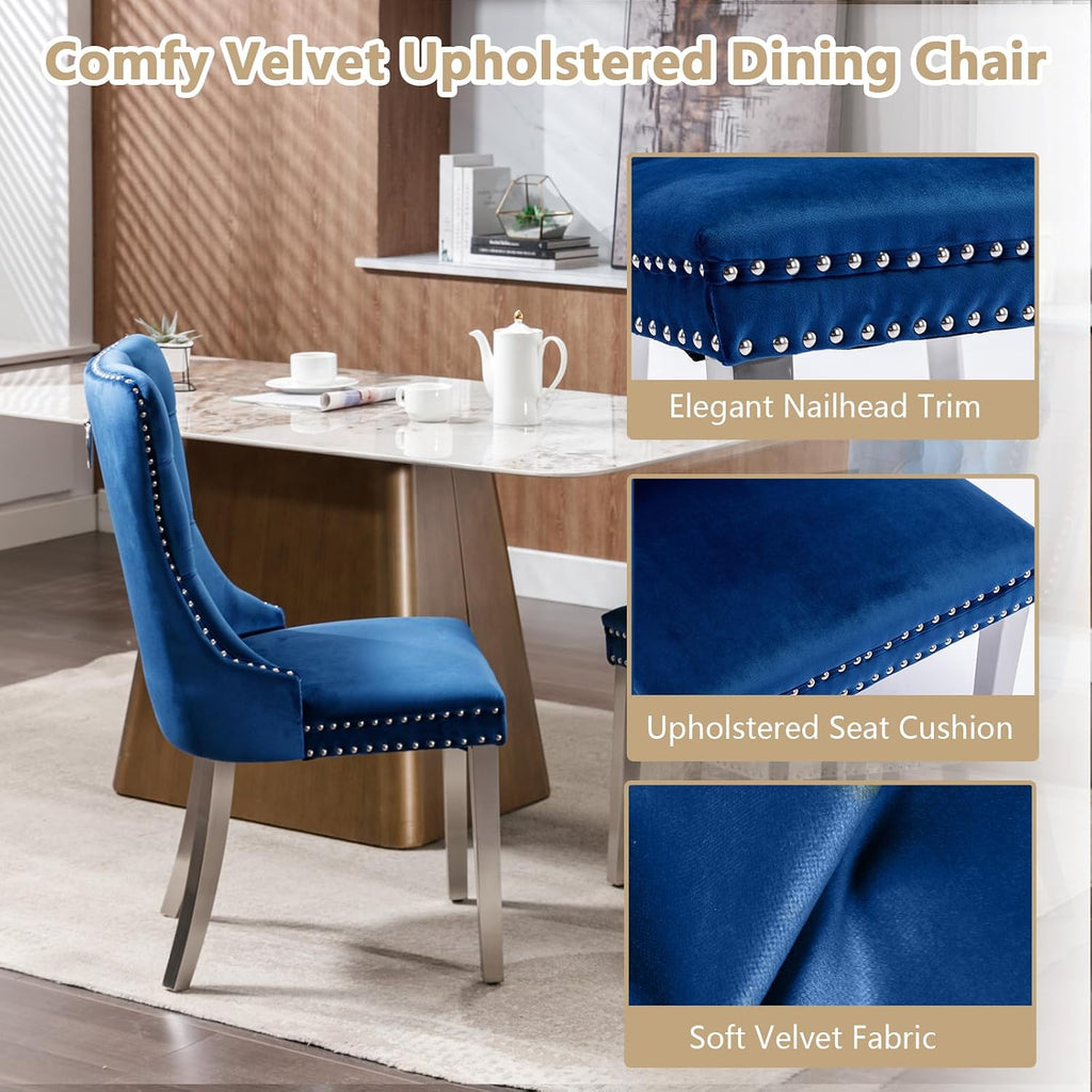 Henf 5 Piece Round Glass Dining Table Set for 4, Modern 47" Round Dining Table & Chair Set Circle Glass Kitchen Table and 4 Velvet Tufted Chairs for Kitchen Dining (Silver Table & Blue Chair)