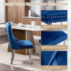 Henf 5 Piece Round Glass Dining Table Set for 4, Modern 47" Round Dining Table & Chair Set Circle Glass Kitchen Table and 4 Velvet Tufted Chairs for Kitchen Dining (Silver Table & Blue Chair)