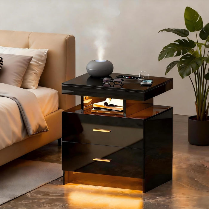 Lvifur Smart Nightstand with RGB Lights & Wireless Charging Station - Black | Motion Sensor, Dynamic & Static Lights, Adjustable Brightness, USB & Type-C Charging, Drawers with Metal Rail, 3 Compartments