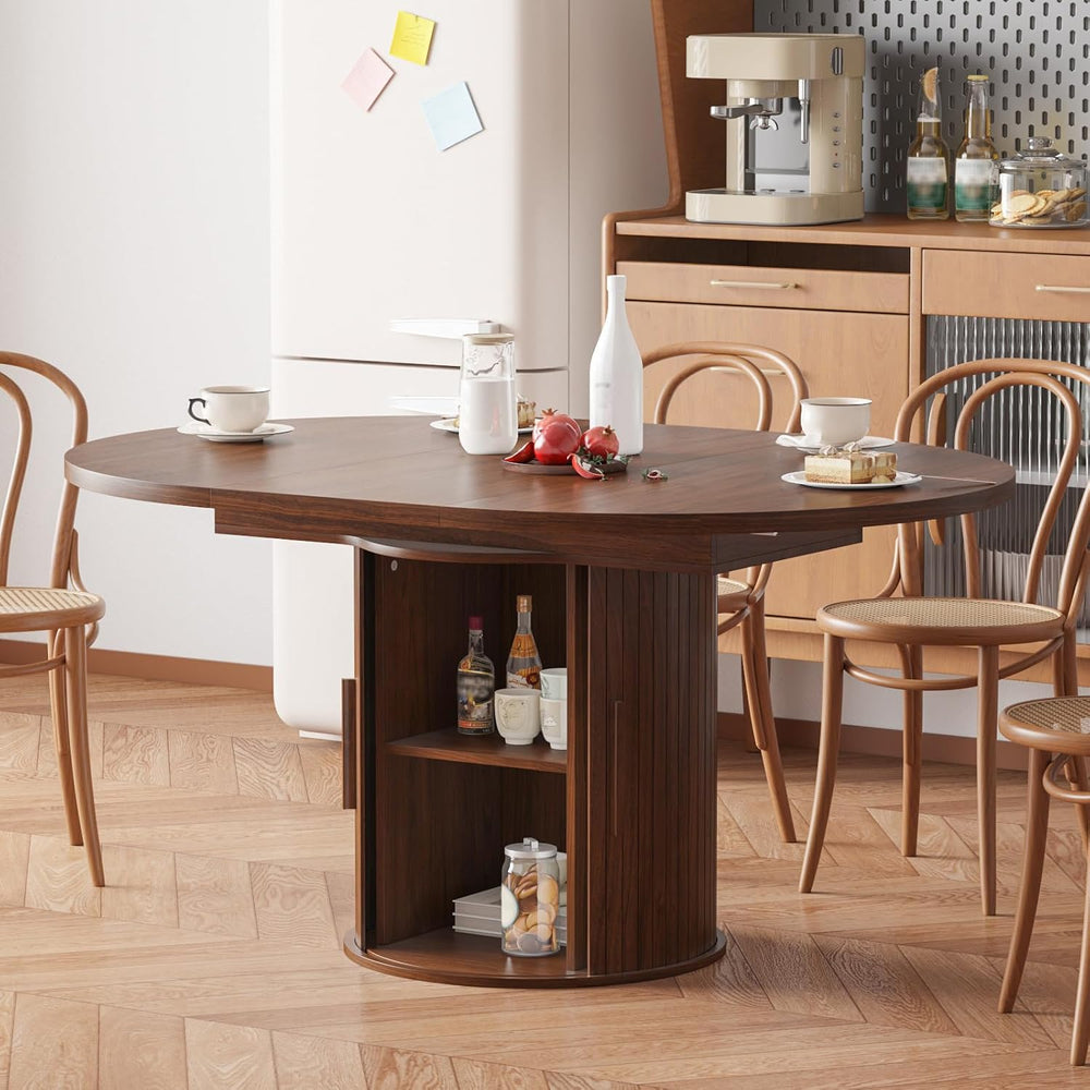 Expandable Dining Table,Round Wooden Kitchen Table,Double Layered Storage Spa...