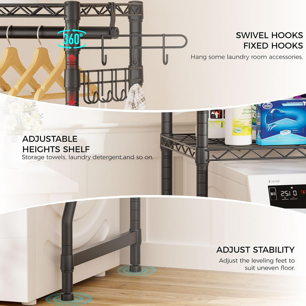Golpart Over Washer and Dryer Shelves,2 Tier Adjustable Height Wire Shelving Laundry Room Storage Organization Clothes Drying Rack with Hanger Rod&Hooks,Space Saving Organizers Shelf,Black