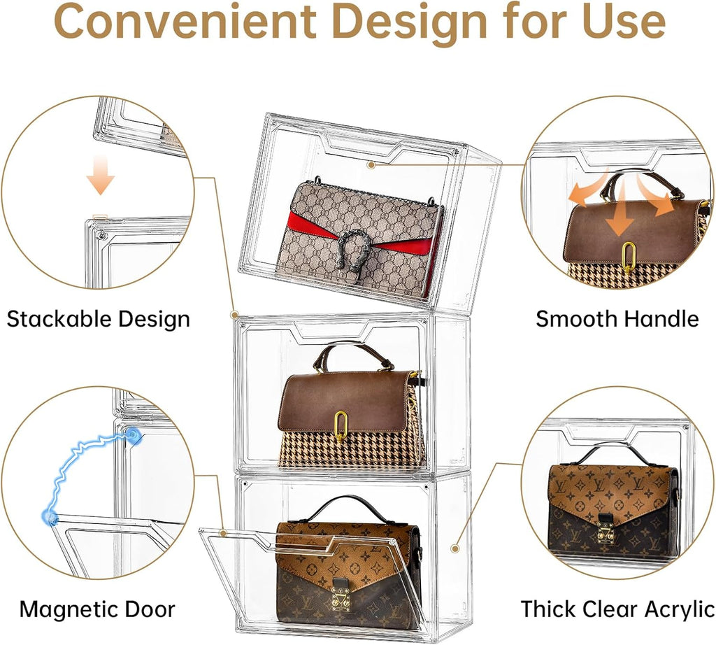 Purse Organizer for Closet,Clear Acrylic Display Case for Handbag Organizer, Purse Storage Box with Magnetic Door, Plastic Storage Bins for Book, Collectibles, Cosmetic (9 Pack)