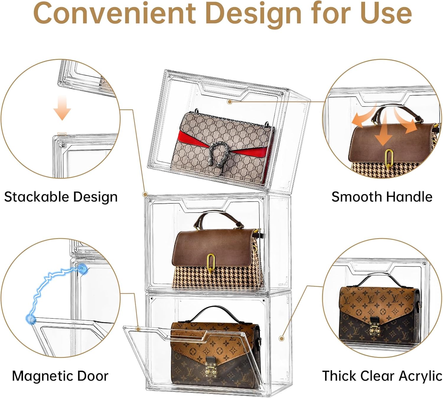 Purse Organizer for Closet,Clear Acrylic Display Case for Handbag Organizer, Purse Storage Box with Magnetic Door, Plastic Storage Bins for Book, Collectibles, Cosmetic (3 Pack)