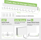 2 Pack Tie Hanger Wall Mounted, Wooden Tie Rack Belt Hanger with 24 Non Slip 180° Rotating Hooks, Belt Organizer Space Saving Tie Hanger for Closet, Tie Holder & Tie Organizer, White