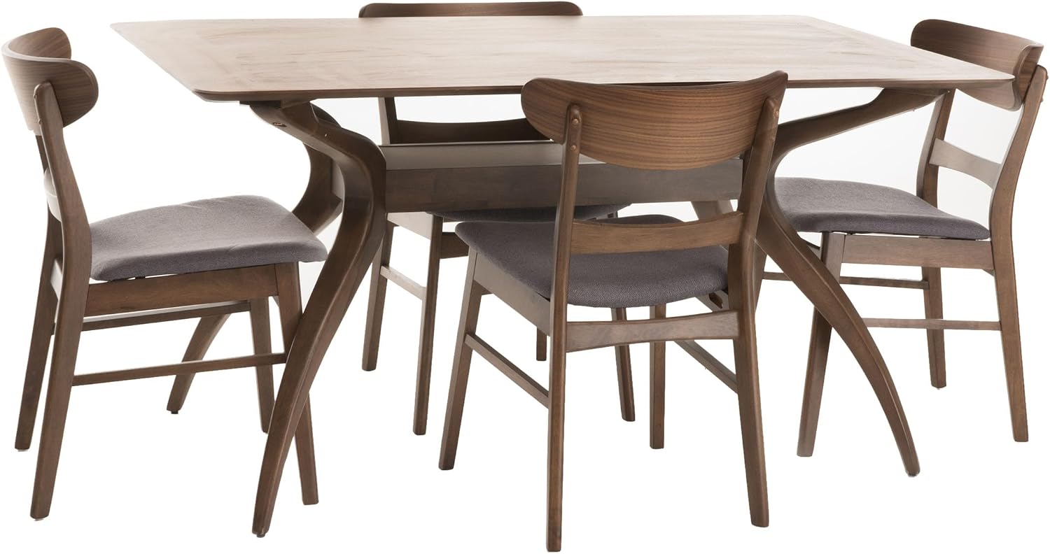 Christopher Knight Home Idalia Curved Leg Rectangular Dining Set, 5-Pcs Set, Natural Walnut / Dark Grey