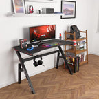 Gaming Desk Computer Desk 47 Inch Home Office Desk Extra Large Modern Ergonomic Black PC Carbon Fiber Table Gamer Workstation with Cup Holder Headphone Hook