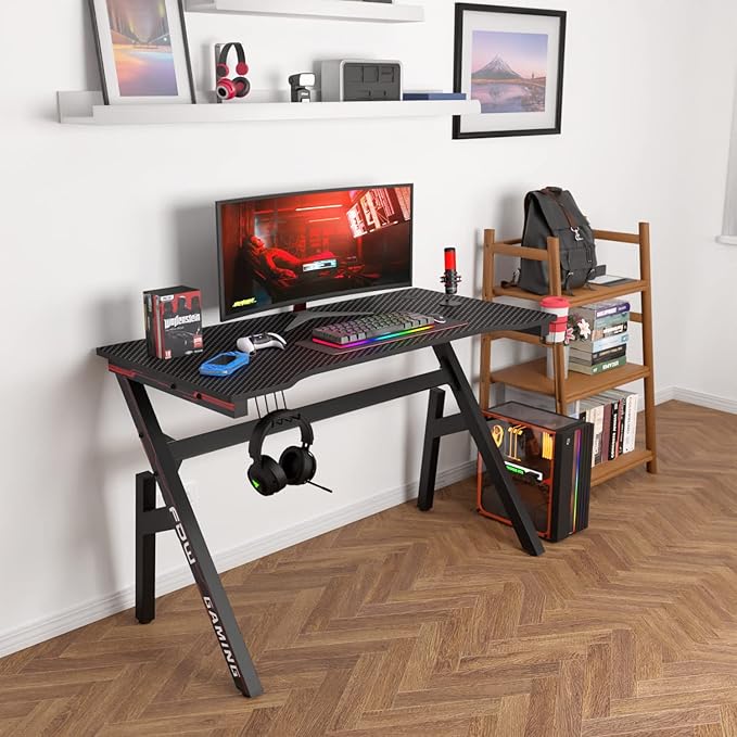 Gaming Desk Computer Desk 47 Inch Home Office Desk Extra Large Modern Ergonomic Black PC Carbon Fiber Table Gamer Workstation with Cup Holder Headphone Hook