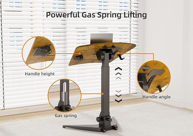 Claiks Mobile Standing Desk, Portable Rolling Sit-Stand Desk with Wheels, Height-Adjustable with 90 Tiltable Top, Foldable Computer Stand, Rustic Brown