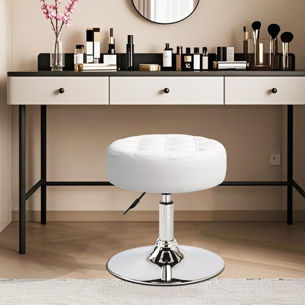 360° Swivel PU Leather Vanity Stool, White Makeup Chair for Bedroom, Large Ro...