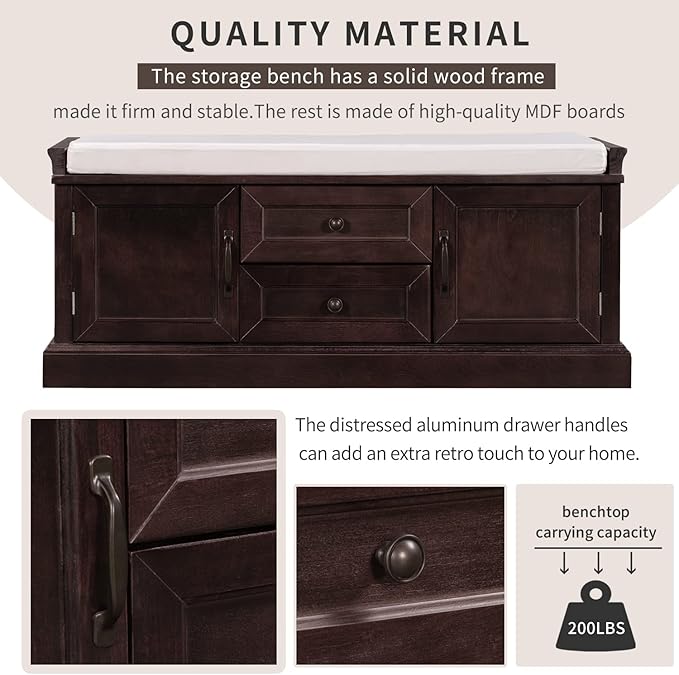 42″ Storage Bench with 2 Drawers and 2 Cabinets，Multipurpose Entryway Shoe Rack W/Removable Cushion，for Living Room Hallway Porch,Espresso