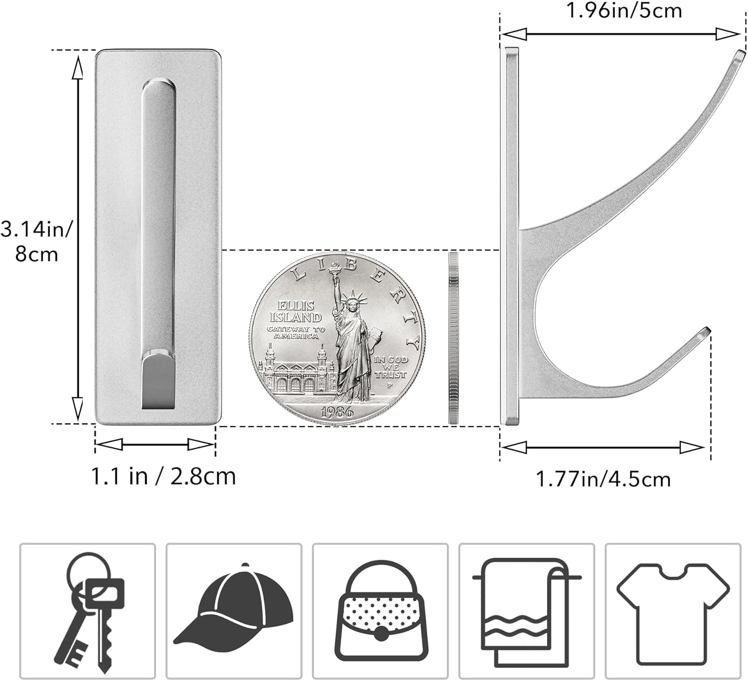 pickpiff Stick on Hooks for Hanging, Extra Sticky 6KG (Max), Coat Hook on Door for Towel Coat Hat Key, Self Adhesive Hangers Wall Mounted, Silver, 6 Pack