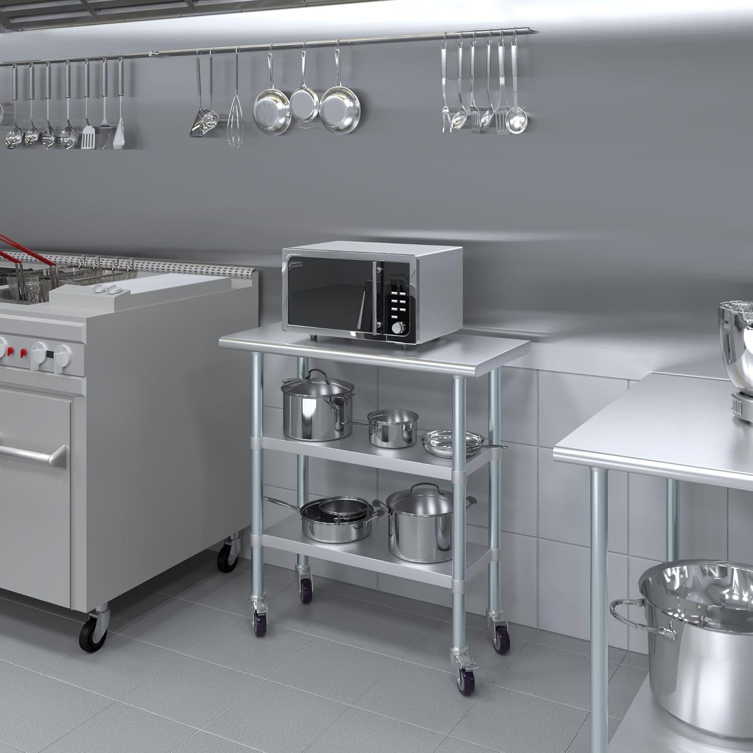 AmGood Stainless Steel Work Table with 2 Shelves and Casters | Metal Utility Table On Wheels (Stainless Steel Work Table with 2 Shelves + Casters, 36" Long x 18" Deep)