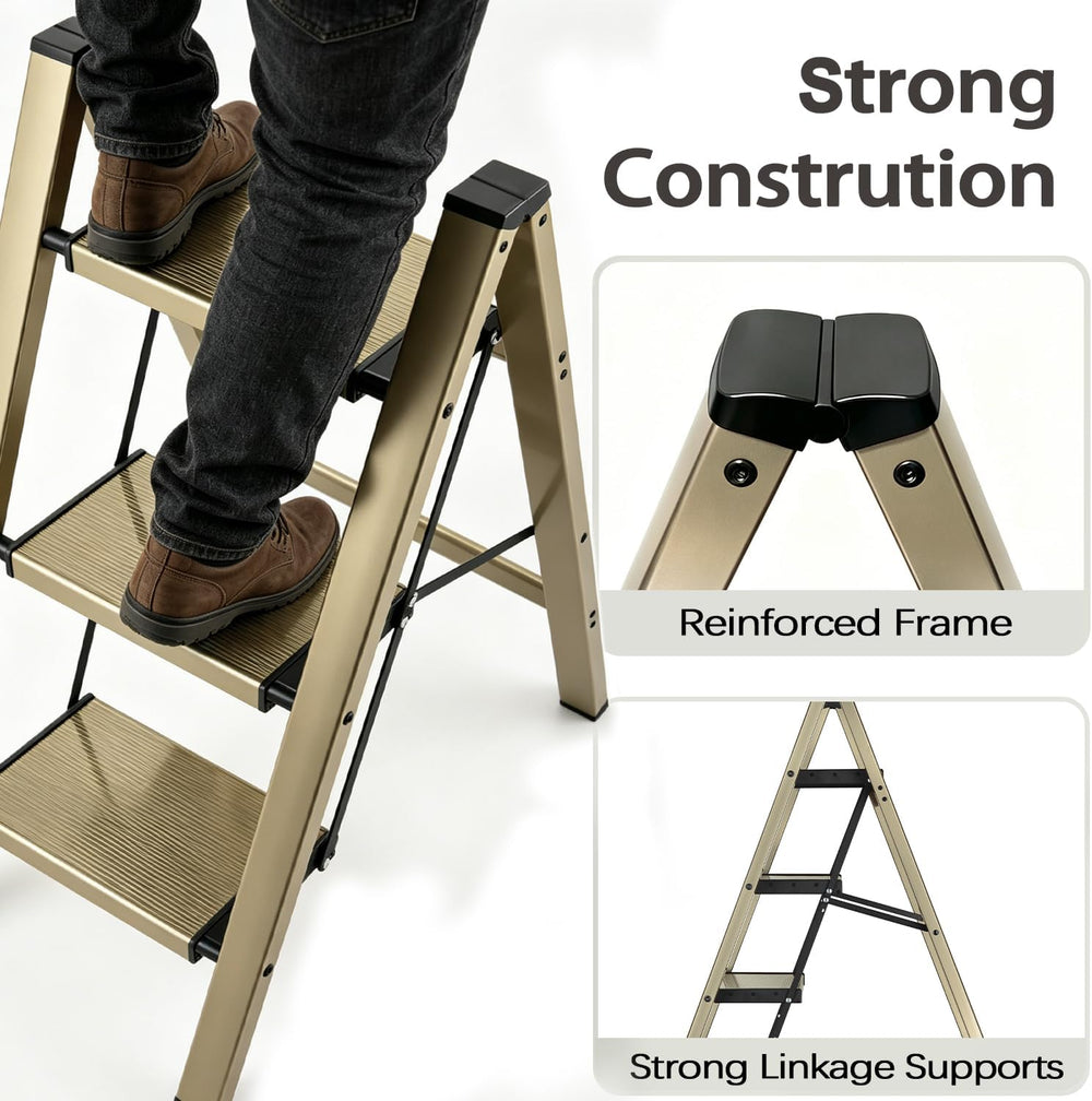 Step Stool Foldable Small Step Ladder (3 Steps, Dark-champagne)