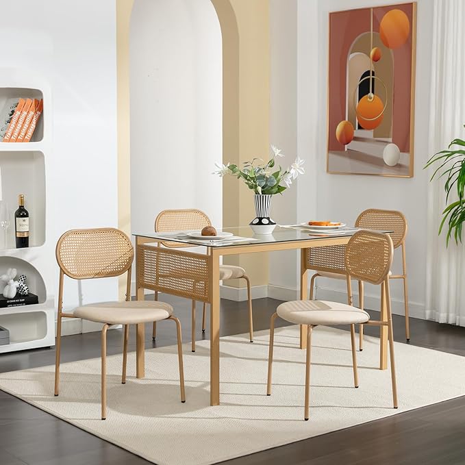COSVALVE Boho Dining Chairs Set of 6, Upholstered Cane Dining Chair with Rattan Back Metal Legs, for Dinner Living Room Reception