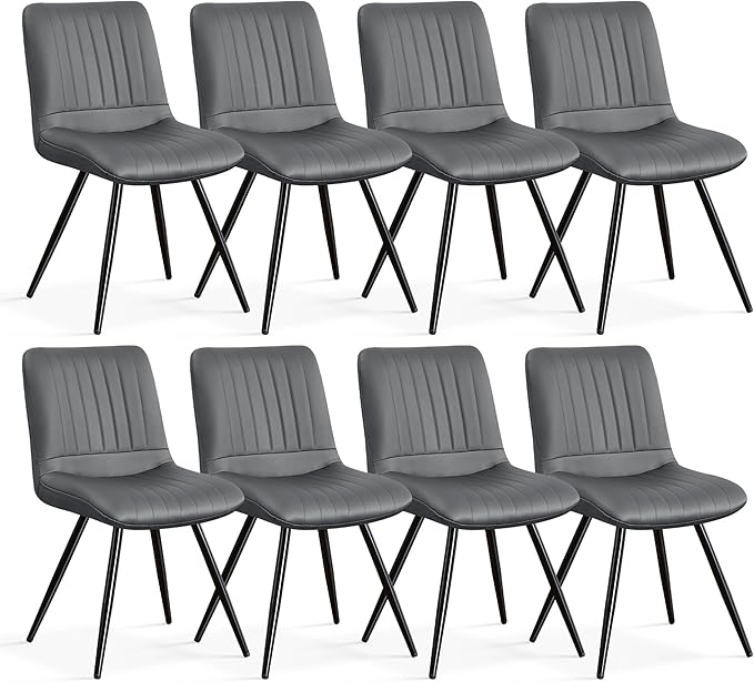 Dining Chairs Set of 8, Modern Dining Chairs with Thick Cushions, PU Leather Upholstered Kitchen Dining Room Chairs with Metal Legs for Dining Living Room (Dark Grey)