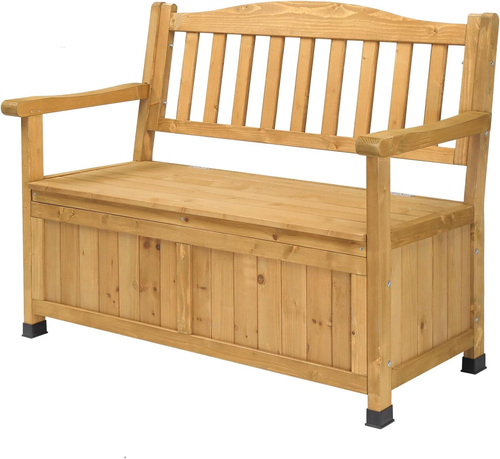 Fir Wood Outdoor Storage Bench, 2-Seater High Backrest Patio Loveseat with Ar...