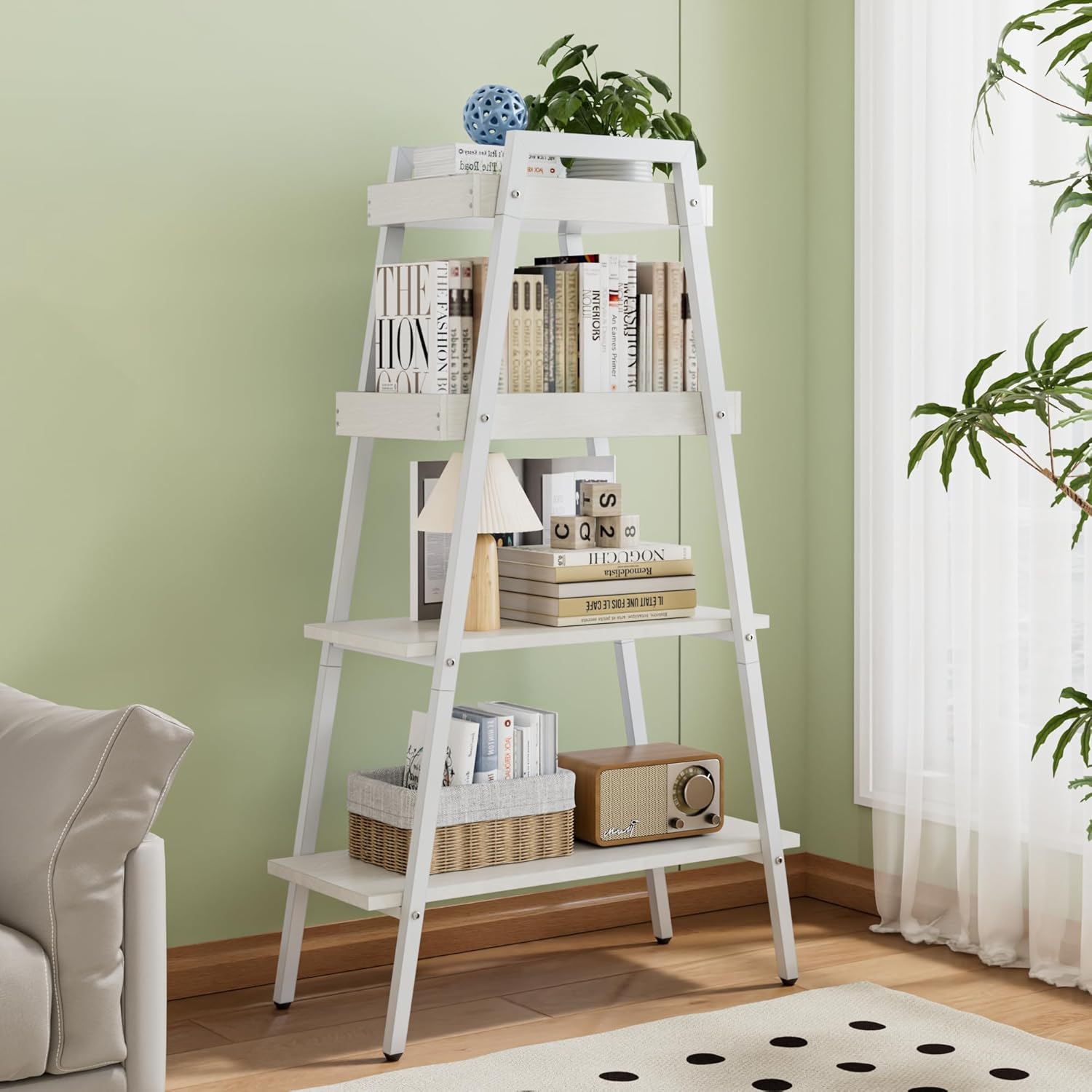 VECELO Ladder Shelf, 4 Tier Wooden Bookshelf with Metal Frame, Freestanding Bookcase Display Shelves and Plant Stand for Living Room/Farmhouse/Bedroom/Home Office-White