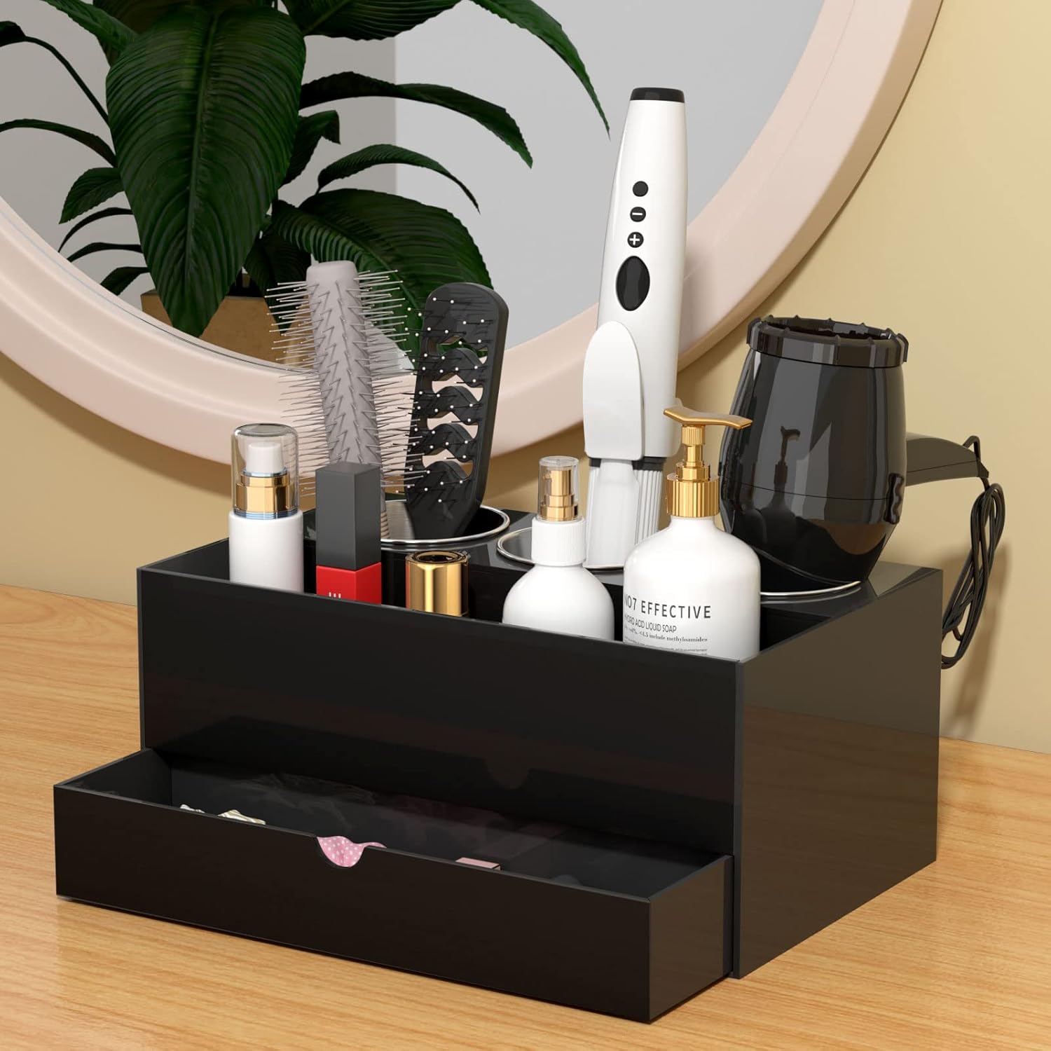 NIUBEE Hair Tool Organizer, Black Acrylic Hair Dryer and Styling Organizer with Drawer, Bathroom Countertop Blow Dryer Holder, Vanity Caddy Storage Stand for Accessories, Makeup, Toiletries