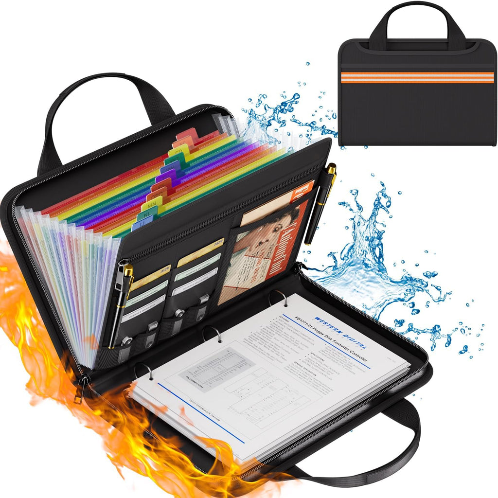 Fireproof Accordion File Organizer with Binder, 1 Inch D Rings Hold up 225 Sheets of 8.5" x 11", 13 Pocket Colorful Expanding File Folder with Zipper & Labels, Portable Travel Safe Storage