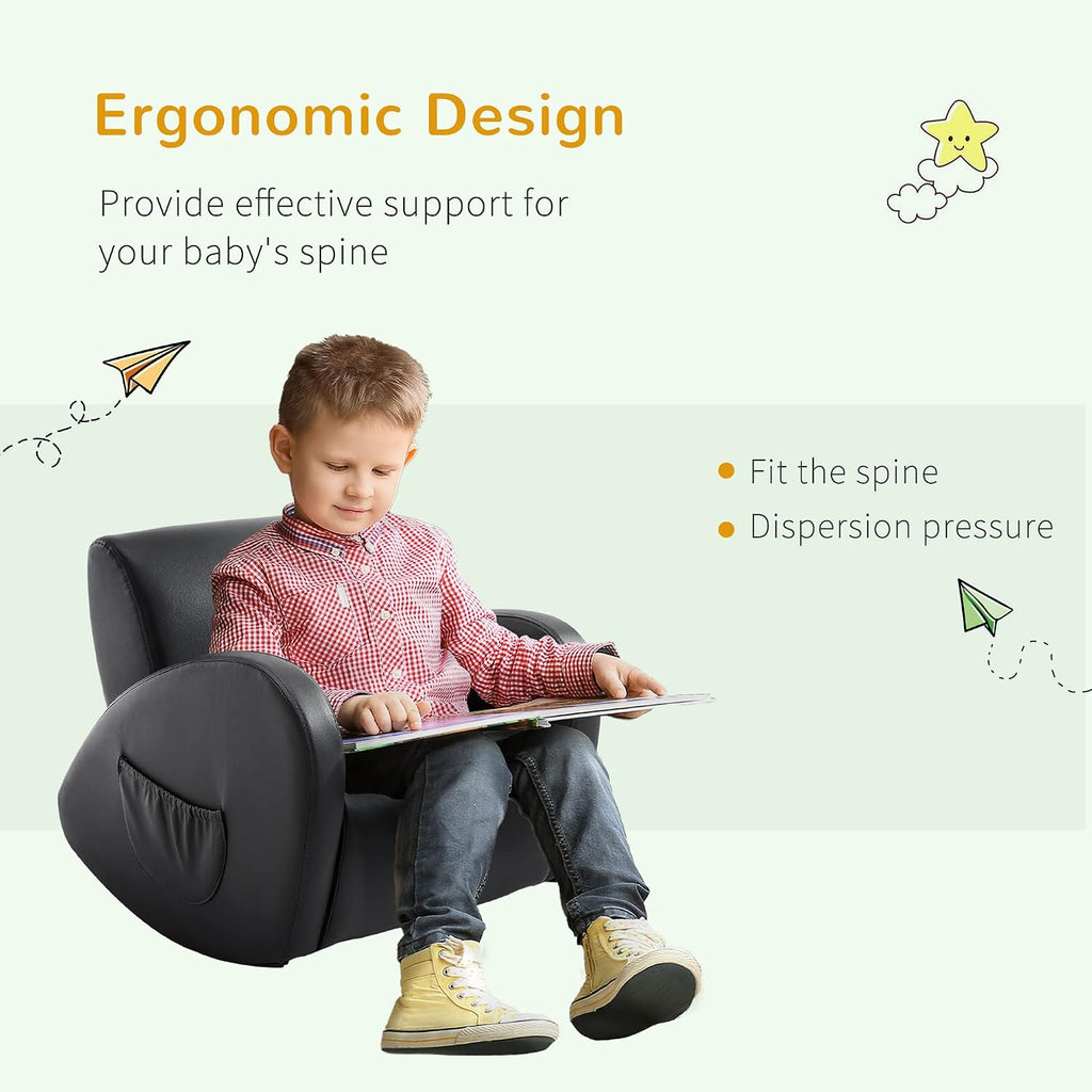 Qaba Kids Sofa Rocking Chair with Side Pocket Toddler Chair Grey | Toddler Armchair, PU Leather, For Children