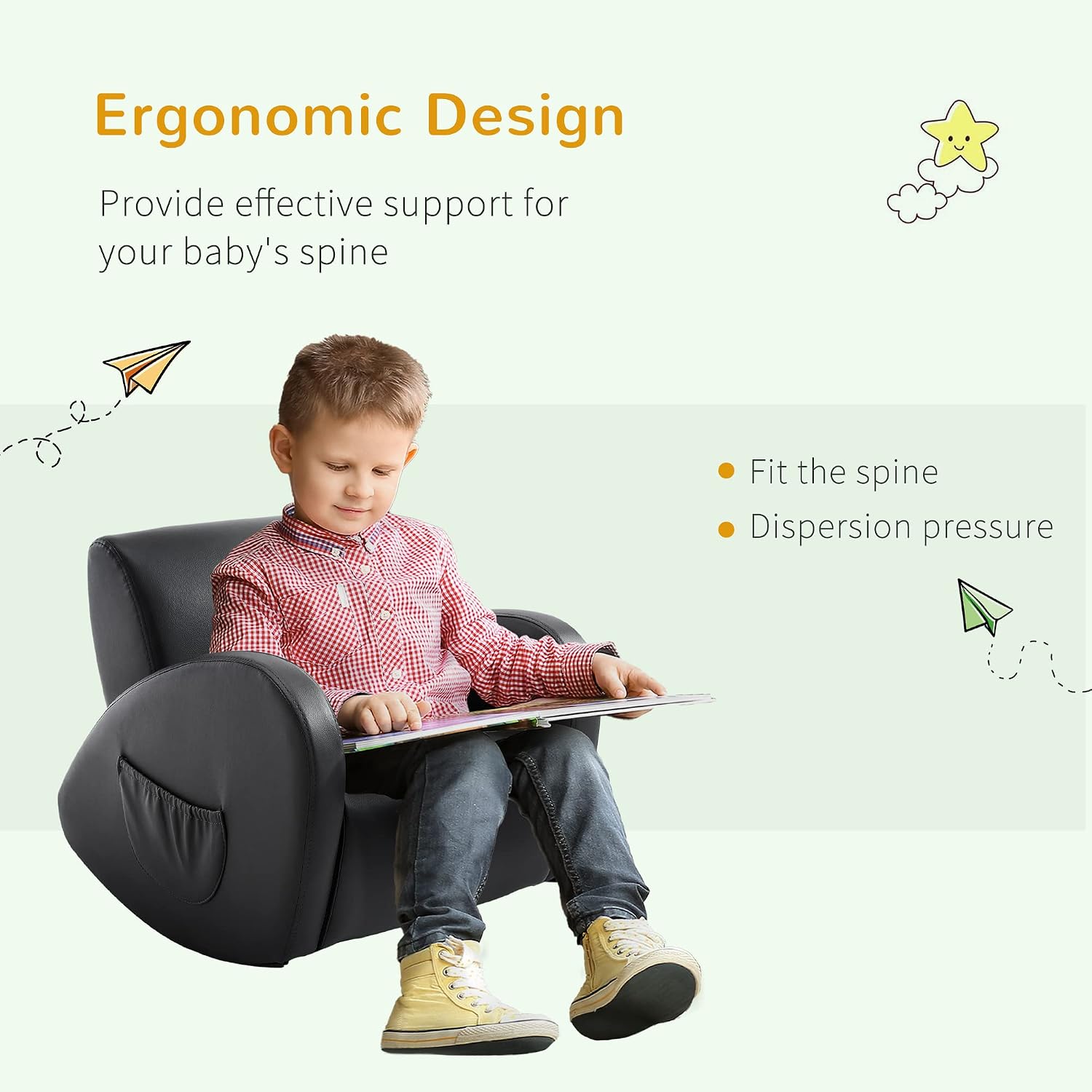 Qaba Kids Sofa Rocking Chair with Side Pocket Toddler Chair Grey | Toddler Armchair, PU Leather, For Children