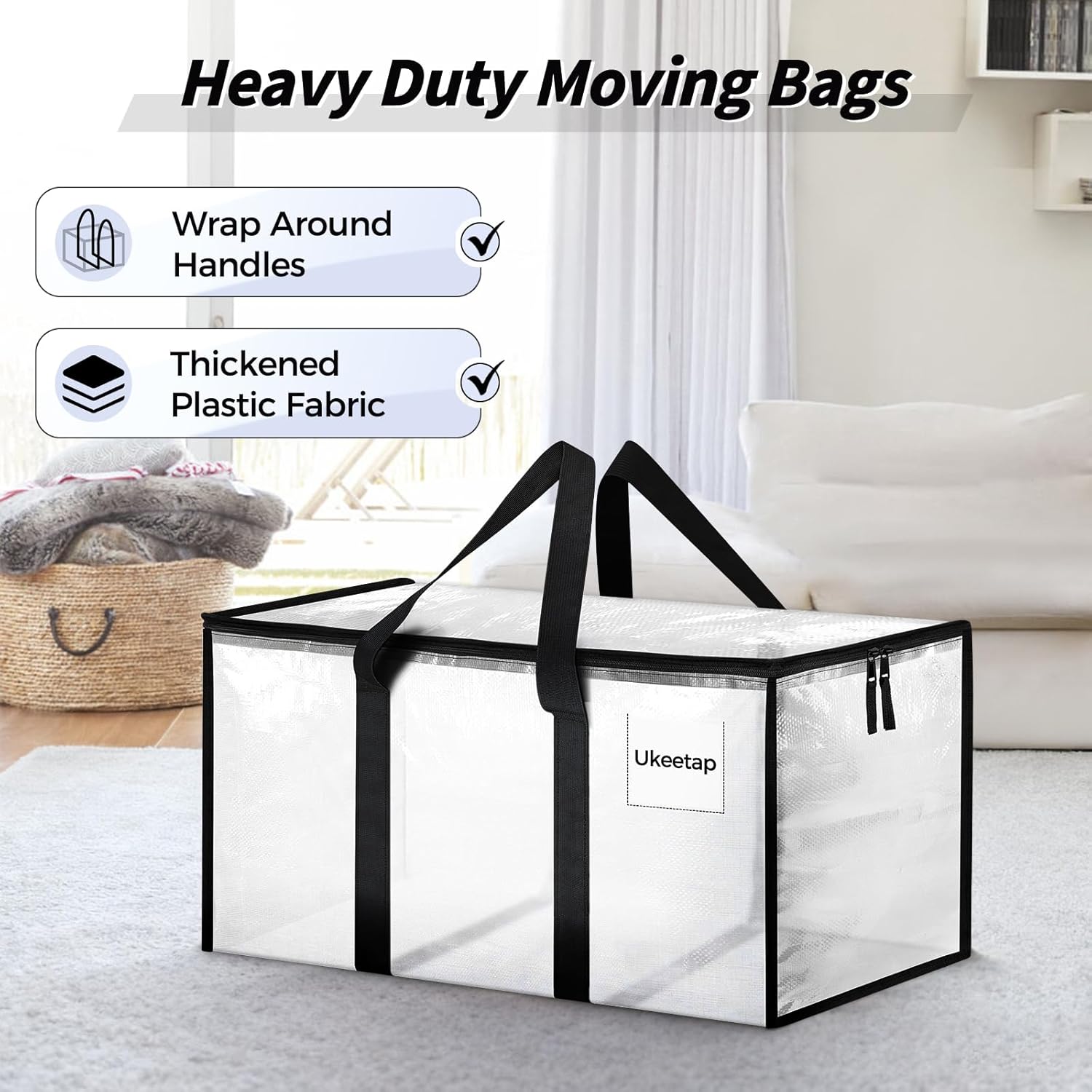 16 Pack Extra Large Heavy Duty Moving Bags, Clear Storage Bins with Lids, Reinforced Handles & Heavy-Duty Zippers Moving Boxes Storage Bags Totes for Clothes Packing, Dorms, College Supplies, Clear