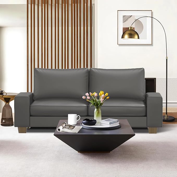 Faux Leather Couch, Mid Century Modern Comfy Loveseat Sofa with Wide Arm, Sid...